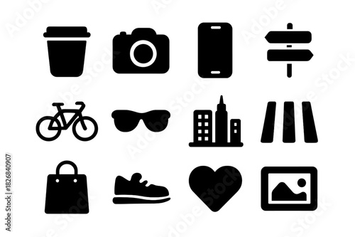 Urban Icon Set. Urban lifestyle. Solid icon set of urban lifestyle: coffee cup, camera, phone, street sign, bicycle, sunglasses, skyline, crosswalk, shopping