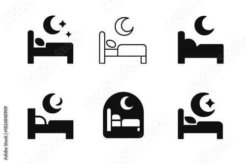 Bedtime Logo Variations. Making the bed for the night. Icon set. Set Logo of making the bed for the night: moonlit bed scene. harmonious logo variations of the