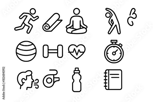 Active Mindfulness Icons. Active Mindfulness. Line icon set of Active Mindfulness: athlete running, yoga mat, meditation pose, gym ball, dumbbell, stretching,