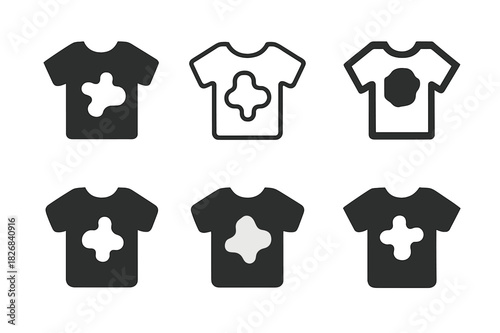 Stained Shirt Icons. Stained shirt. Icon set. Set Logo of stained shirt: stylized dirty t-shirt icon. harmonious logo variations of the same emblematic