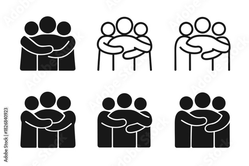 Shared Joy Logos. Shared Joy. Icon set. Set Logo of Shared Joy: Group Hug. harmonious logo variations of the same emblematic concept, each with different