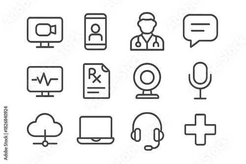Telemedicine Icons Set. Telemedicine consultations. Line icon set of Telemedicine consultations: doctor avatar, video call, medical chat bubble, patient
