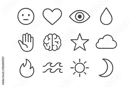 Human Emotion Icon Set. Human emotion. Line icon set of human emotion: face, heart, eye, tear, hand, brain, star, cloud, flame, wave, sun, moon. All outline