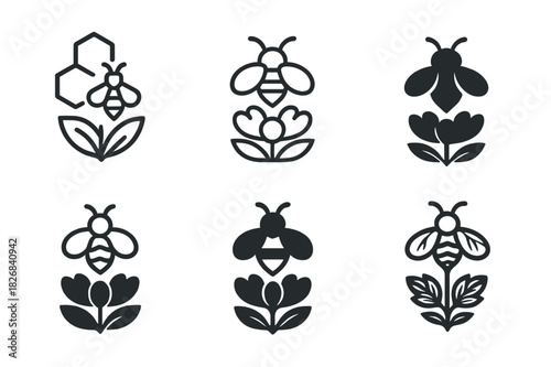 Bee Garden Logos. Flowering garden and bees. Icon set. Set Logo of flowering garden and bees: pollen transfer concept. harmonious logo variations of the same