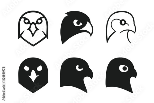 Falcon Logo Set. Falcons. Icon set. Set Logo of Falcons: Falcon Eye. harmonious logo variations of the same emblematic concept (Symmetrical form, Negative