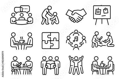 Community Engagement Icons. Community engagement. Line icon set of Community engagement: group discussion, volunteer helping, handshake, bulletin board, coffee