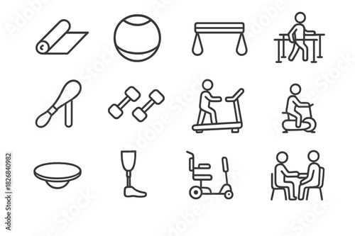 Rehabilitation Exercise Icons. Rehabilitation Exercises. Line icon set of Rehabilitation Exercises: exercise mat, therapy ball, resistance bands, parallel