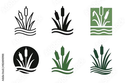 Wetlands Logo Variations. Wetlands. Icon set. Set Logo of wetlands: water reeds and cattails. harmonious logo variations of the same emblematic concept, each