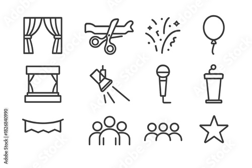 Grand Opening Icons. Grand opening event. Line icon set of grand opening event: curtain, ribbon, scissors, confetti, balloon, stage, spotlight, microphone,
