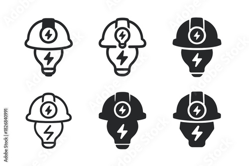 Efficient Energy Logos. Efficient energy use in mining industries. Icon set. Set Logo of efficient energy use in mining industries: helmet lamp glowing with