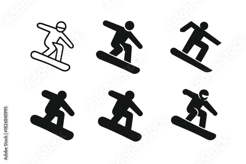 Snowboarding Logo Variations. snowboarding. Icon set. Set Logo of snowboarding: snowboarder performing jump. harmonious logo variations of the same emblematic