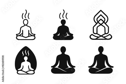 Meditative Energy Logos. person in meditation with energy flow. Icon set. Set Logo of person in meditation with energy flow: seated figure with aura lines.