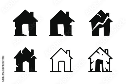 Abandoned House Logos. Dilapidated house with no sign of life. Icon set. Set Logo of abandoned home: hollow doorway. harmonious logo variations of the same