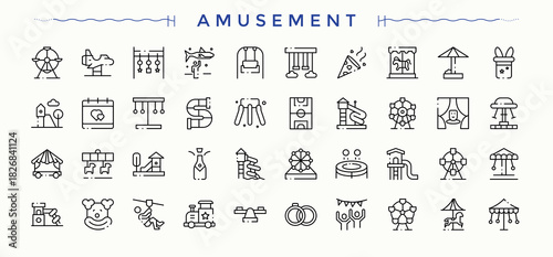 Set of Amusement line icon. Contains related to park, carnival, recreation, fun and more. Sign and Symbol. Carnival icon set. Art and illustration.