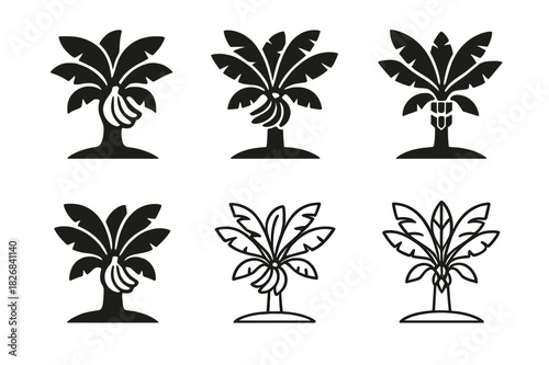 Banana Plantation Icons. banana plantation. Icon set. Set Logo of banana plantation: tropical banana grove illustration. harmonious logo variations of the same