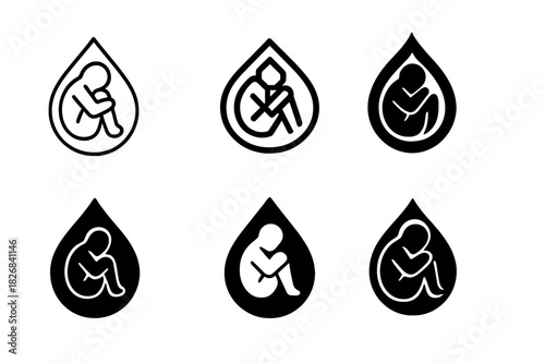Emotional Pain Logos. Emotional Pain. Icon set. Set Logo of Emotional Pain: curled figure in teardrop shape. harmonious logo variations of the same emblematic