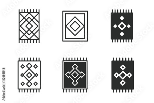 Geometric Rug Logo Set. Choosing rugs for a living room. Icon set. Set Logo of choosing rugs for a living room: rug with geometric patterns. harmonious logo
