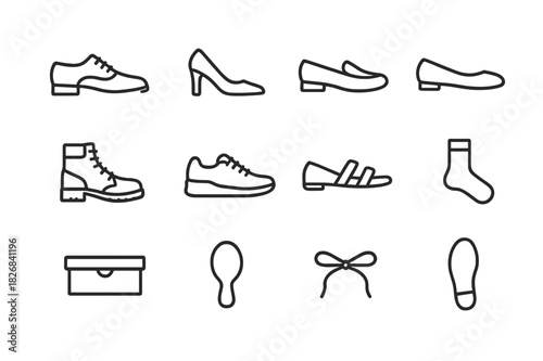 Office Footwear Icons. Office footwear. Line icon set of office footwear: dress shoes, heels, loafers, flats, boots, sneakers, sandals, socks, shoebox, polish