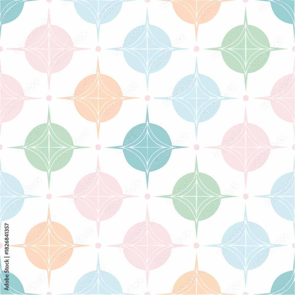 Obraz premium Starbursts and circles create a retro geometric pattern. Use for fabric, wallpaper, or stationery. Soft pastel colors make it a versatile design element.