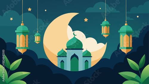 Illustration of mosque with moon and lanterns night