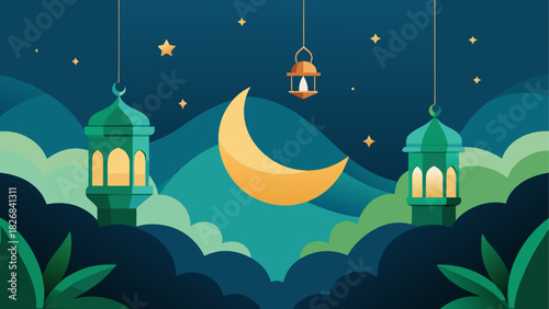 Illustration of lanterns moon and stars at night