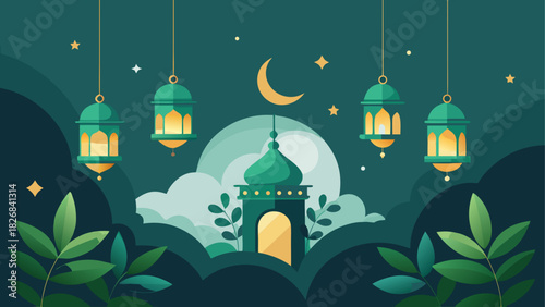 Illustration of a mosque with lanterns and moon
