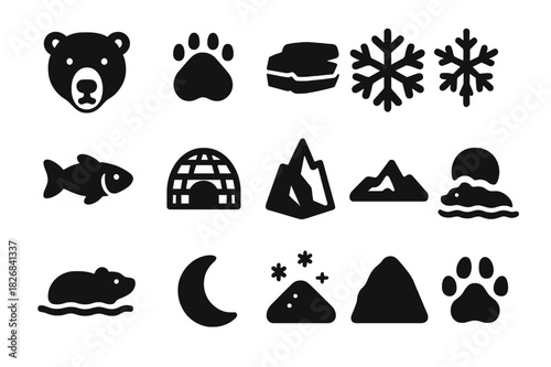 Polar Bear Icon Set. Polar bear. Solid icon set of polar bear: polar bear face, bear paw, ice floe, snowflake, fish, igloo, iceberg, arctic landscape, swimming