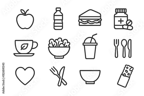 Nutrition Icon Set. Nutrition and wellness. Line icon set of Nutrition and wellness: apple, water bottle, sandwich, vitamins, tea cup, salad, smoothie, heart,