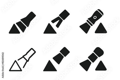 Flashlight Logo Variations. Using a flashlight in the dark. Icon set. Set Logo of flashlight: flashlight beam illuminating object. harmonious logo variations