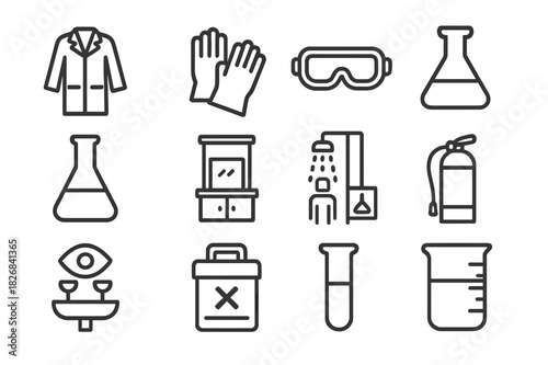Lab Safety Icons. Laboratory safety. Line icon set of laboratory safety: lab coat, gloves, goggles, volumetric flask, Erlenmeyer flask, fume hood, safety
