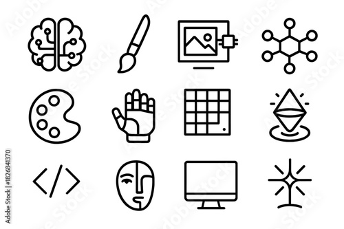AI Art Icon Set. AI art collectives. Line icon set of AI art collectives: AI brain, paintbrush, digital canvas, neural network, artist palette, robot hand,