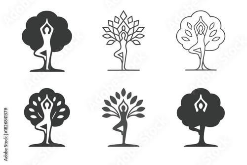 Yoga Meetup Logos. outdoor yoga meetups. Icon set. Set Logo of outdoor yoga meetups: tree pose under tree. harmonious logo variations of the same emblematic