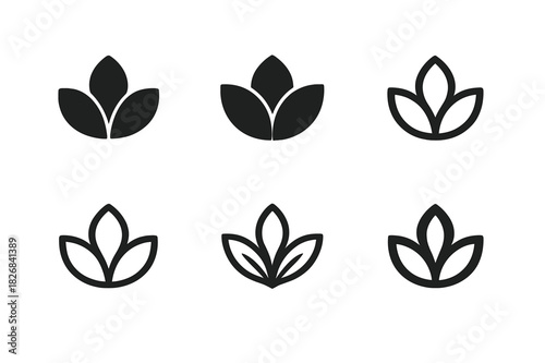Flower Petal Logos. Function of flower petals. Icon set. Set Logo of flower petal function: stylized petal formation. harmonious logo variations of the same
