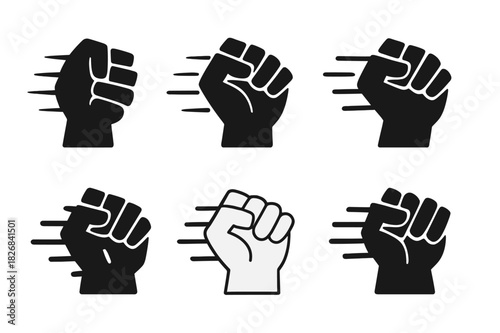 Clenched Fist Logos. Fist clenching. Icon set. Set Logo of fist clenching: hand silhouette tightening with motion marks. harmonious logo variations of the same