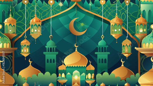 Illustration of islamic architecture and lanterns