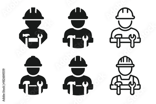 Construction Worker Logos. Construction Worker. Icon set. Set Logo of Construction Worker: Tool Belt. harmonious logo variations of the same emblematic
