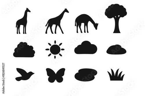 Giraffe Silhouette Icons. Giraffe silhouette. Solid icon set of Giraffe silhouette: standing giraffe, walking giraffe, grazing giraffe, tree, bush, sun, cloud,