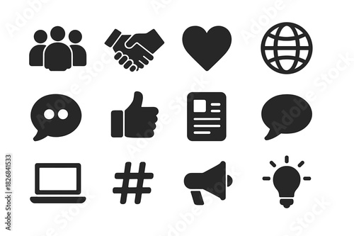 Community Icons Grid. Community engagement. Solid icon set of community engagement: people group, handshake, heart, globe, chat bubble, thumbs up, post,