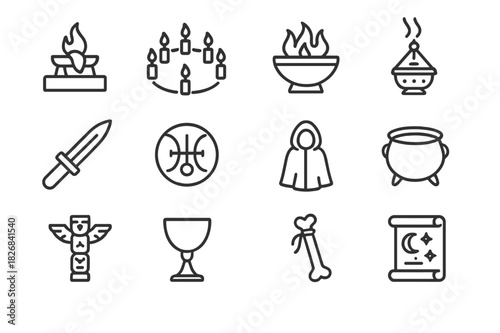 Underworld Ritual Icons. Underworld rituals. Line icon set of underworld rituals: Sacrifice Altar, Candle Circle, Offering Bowl, Incense Burner, Ritual Knife,