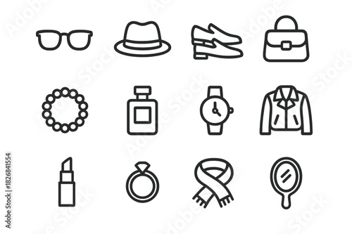 Personal Style Icons. Personal style. Line icon set of personal style: sunglasses, hat, shoes, bag, jewelry, perfume bottle, watch, jacket, lipstick, ring,