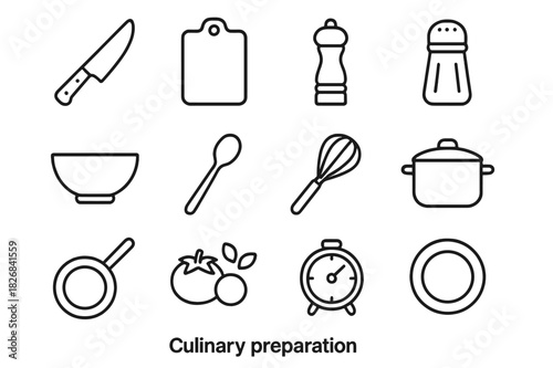 Culinary Outline Icons. Culinary preparation. Line icon set of culinary preparation: knife, cutting board, pepper grinder, salt shaker, bowl, spoon, whisk,