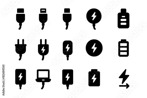 Charging Cables Icons. Charging cables. Solid icon set of Charging cables: USB-C, Lightning cable, micro USB, wireless charger, plug in, charging port, power