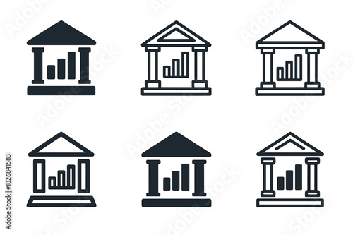 Financial Trading Logos. Stock markets and financial trading floors. Icon set. Set Logo of stock markets and financial trading floors: Building facade of stock