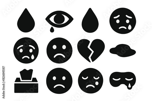 Crying Icon Collection. Crying Emotions. Solid icon set of teardrop, crying eye, water droplet, sobbing face, eye with tear, sad emoji, broken heart, puddle,