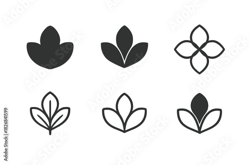 Flower Petal Logos. Function of flower petals. Icon set. Set Logo of flower petal function: stylized petal formation. harmonious logo variations of the same
