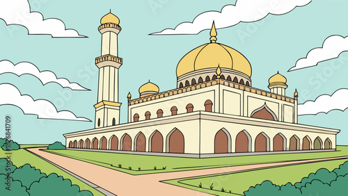 Illustration of a large mosque with golden domes