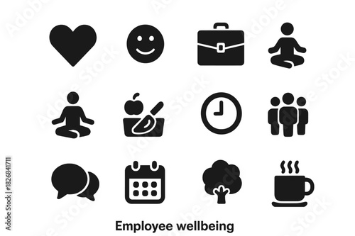 Employee Wellbeing Icons. Employee wellbeing. Solid icon set of employee wellbeing: heart, smiley, briefcase, desk, yoga pose, lunch box, clock, teamwork, chat