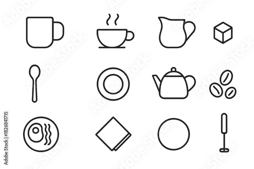 Morning Icons Collection. Morning routine. Line icon set of Morning routine: coffee mug, steaming cup, milk jug, sugar cube, spoon, saucer, teapot, coffee