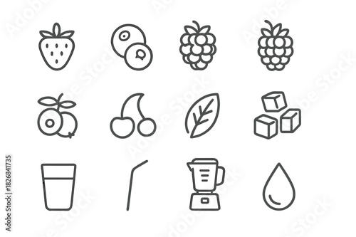 Berry Smoothie Icons. Berry smoothies. Line icon set of berry smoothies: strawberry, blueberry, raspberry, blackberry, cranberry, cherry, mint leaf, ice cubes,
