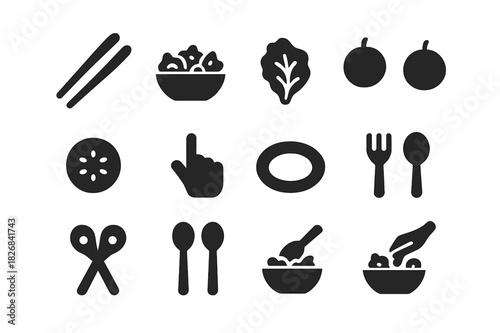 Salad Preparation Icons. Salad preparation. Solid icon set of Salad preparation: tongs, bowl, lettuce, tomatoes, cucumber, hand icon, plate, fork, spoon, grip,